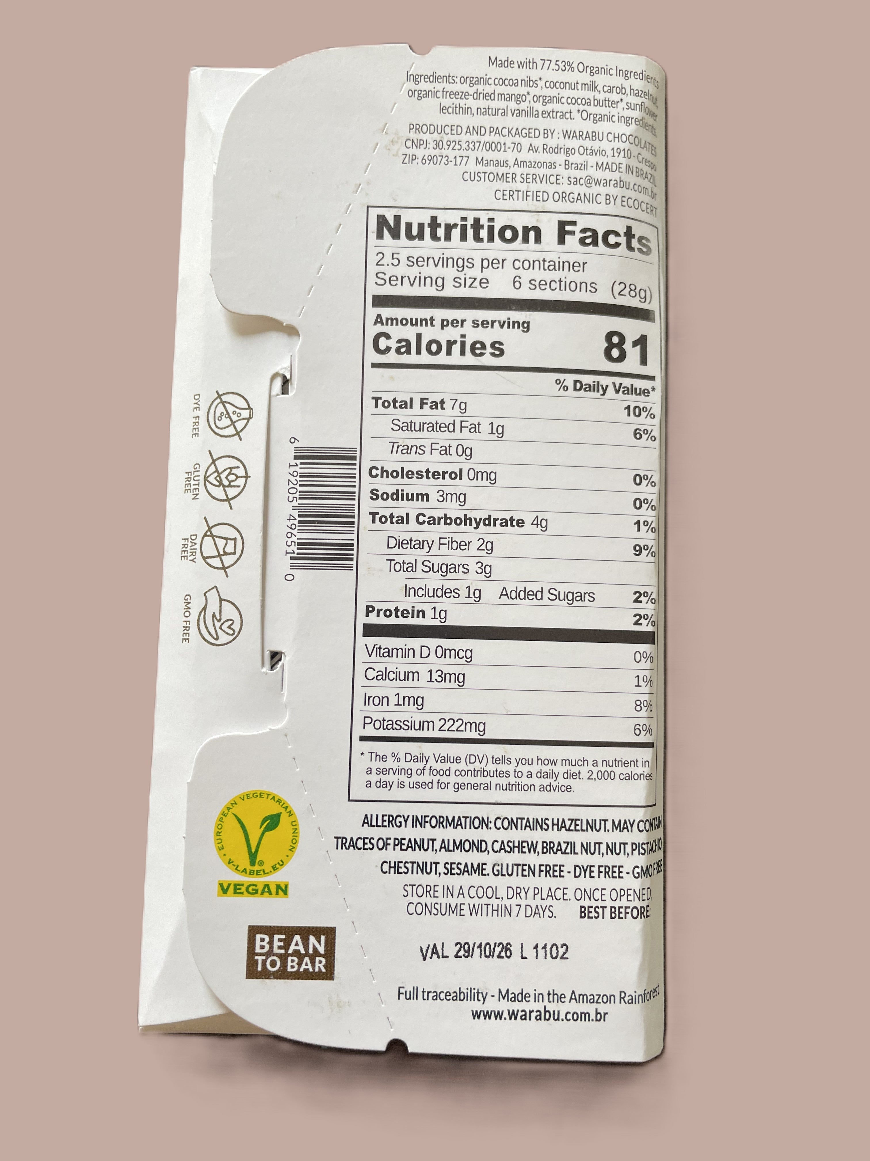 72% Organic Dark Chocolate with coconut milk · no added sugar